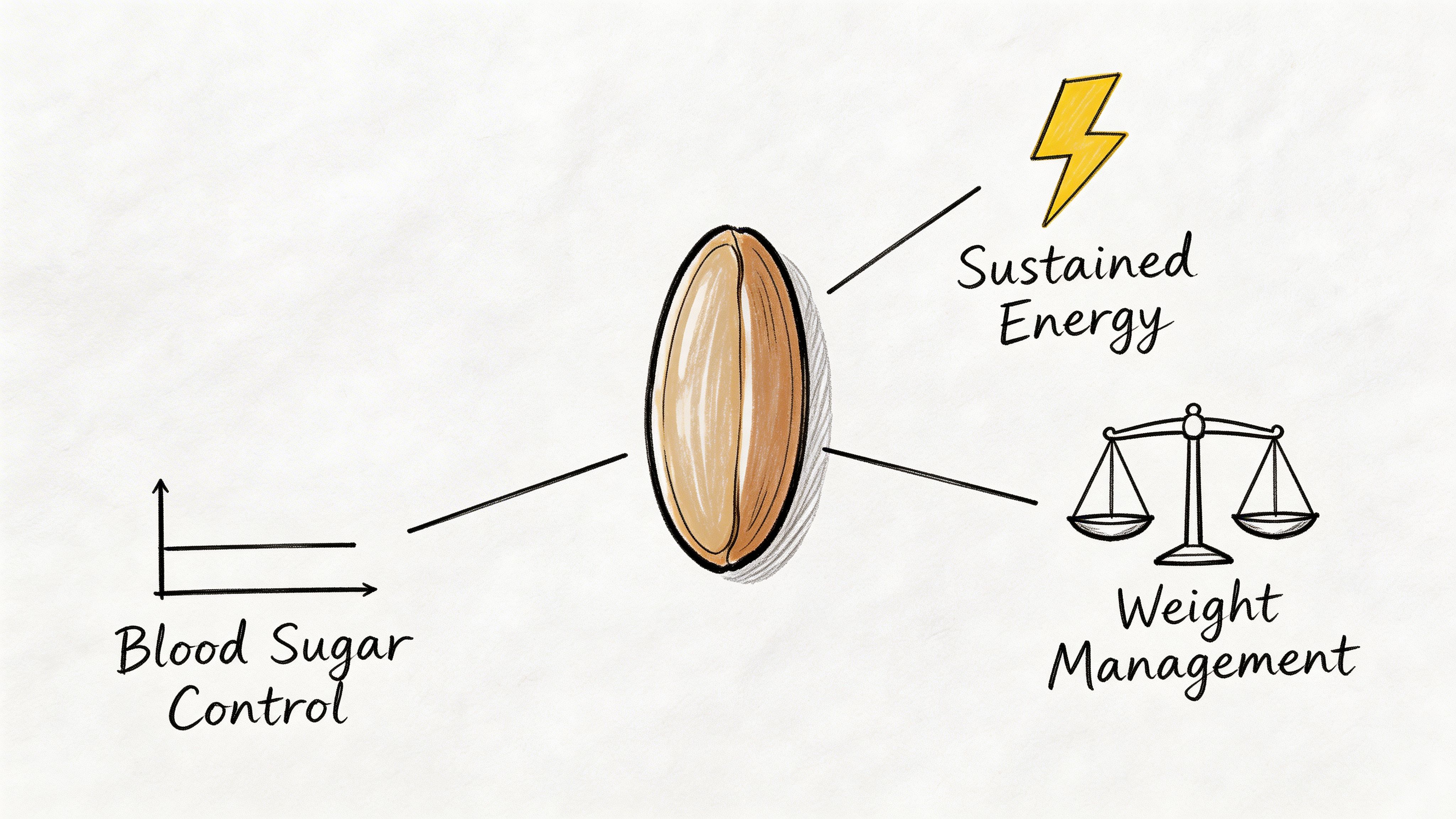 A hand-drawn illustration showing a brown rice grain with arrows pointing to icons for blood sugar control, energy, and weight.