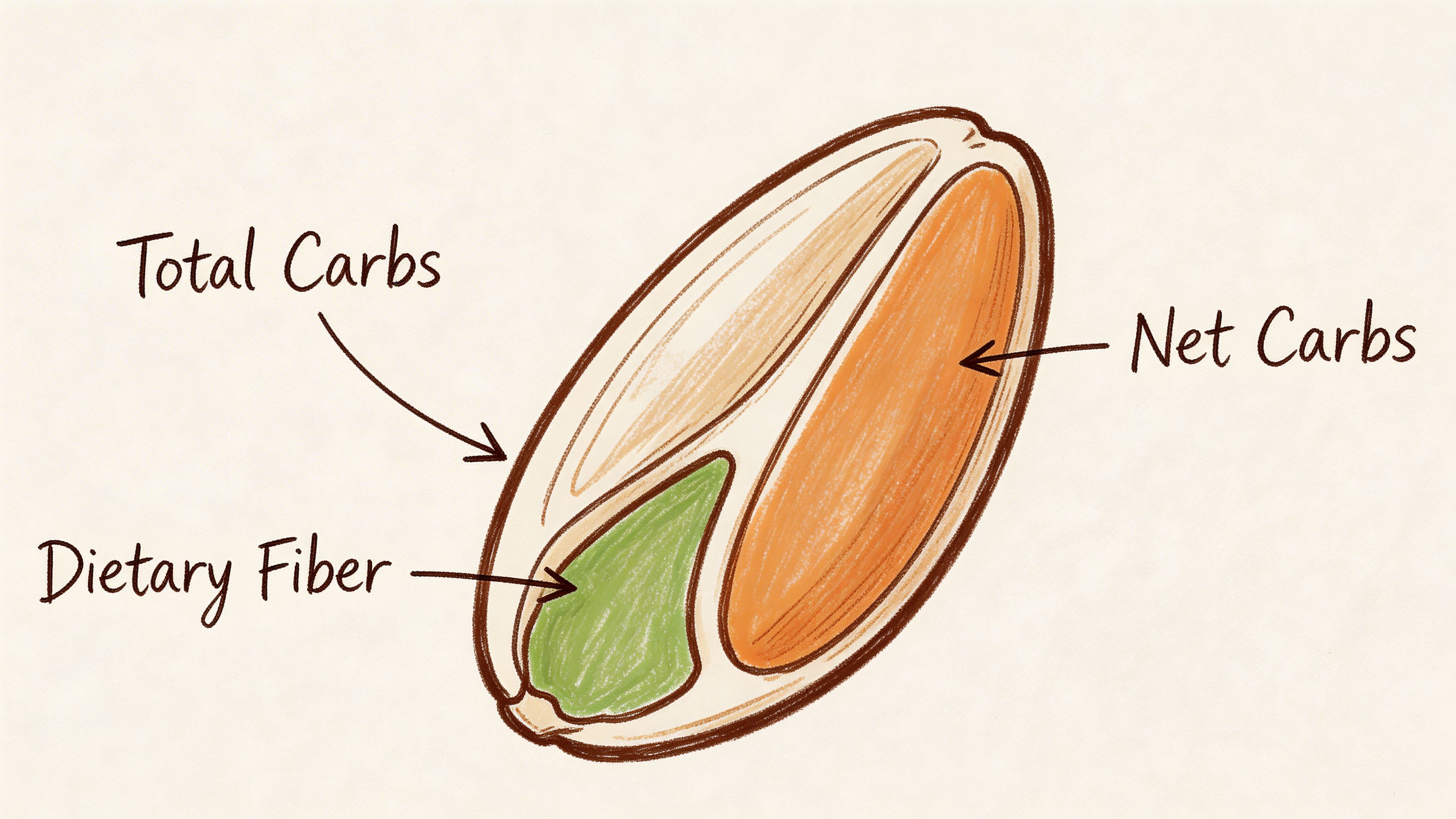 A diagram illustrating the components of a brown rice grain, labeling total carbs, dietary fiber, and net carbs.