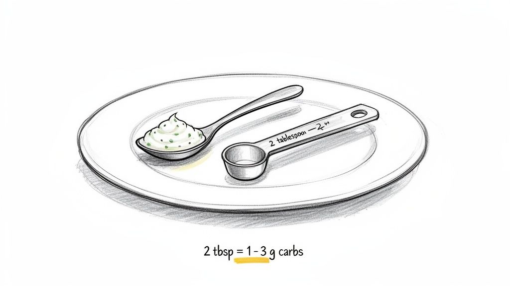 Two tablespoons of ranch dressing on a plate next to a measuring spoon, highlighting its 1-3g carb content.
