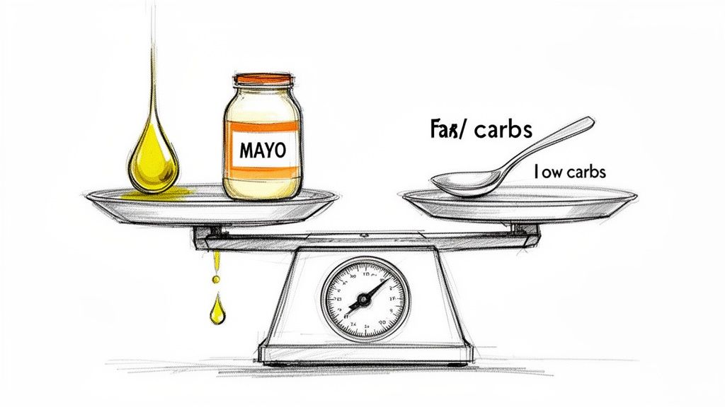 An illustration of a balance scale showing mayonnaise and oil labeled 'Fat/ carbs' outweighing a spoon labeled 'low carbs'.