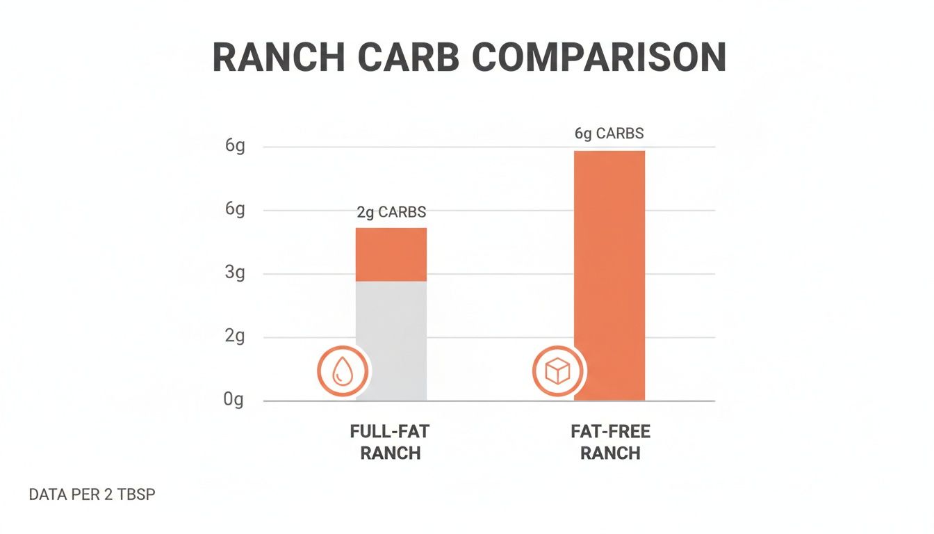Bar chart comparing 2g carbs in full-fat ranch to 6g carbs in fat-free ranch per 2 tablespoons.