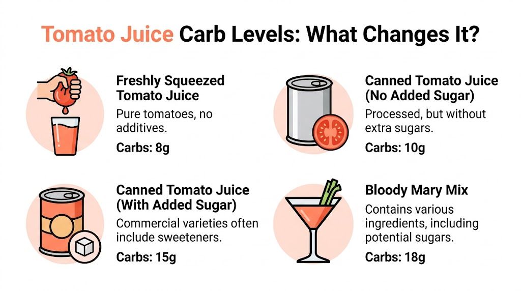 An infographic showing carbohydrate levels in four different types of tomato juice, ranging from fresh to commercial mixes.