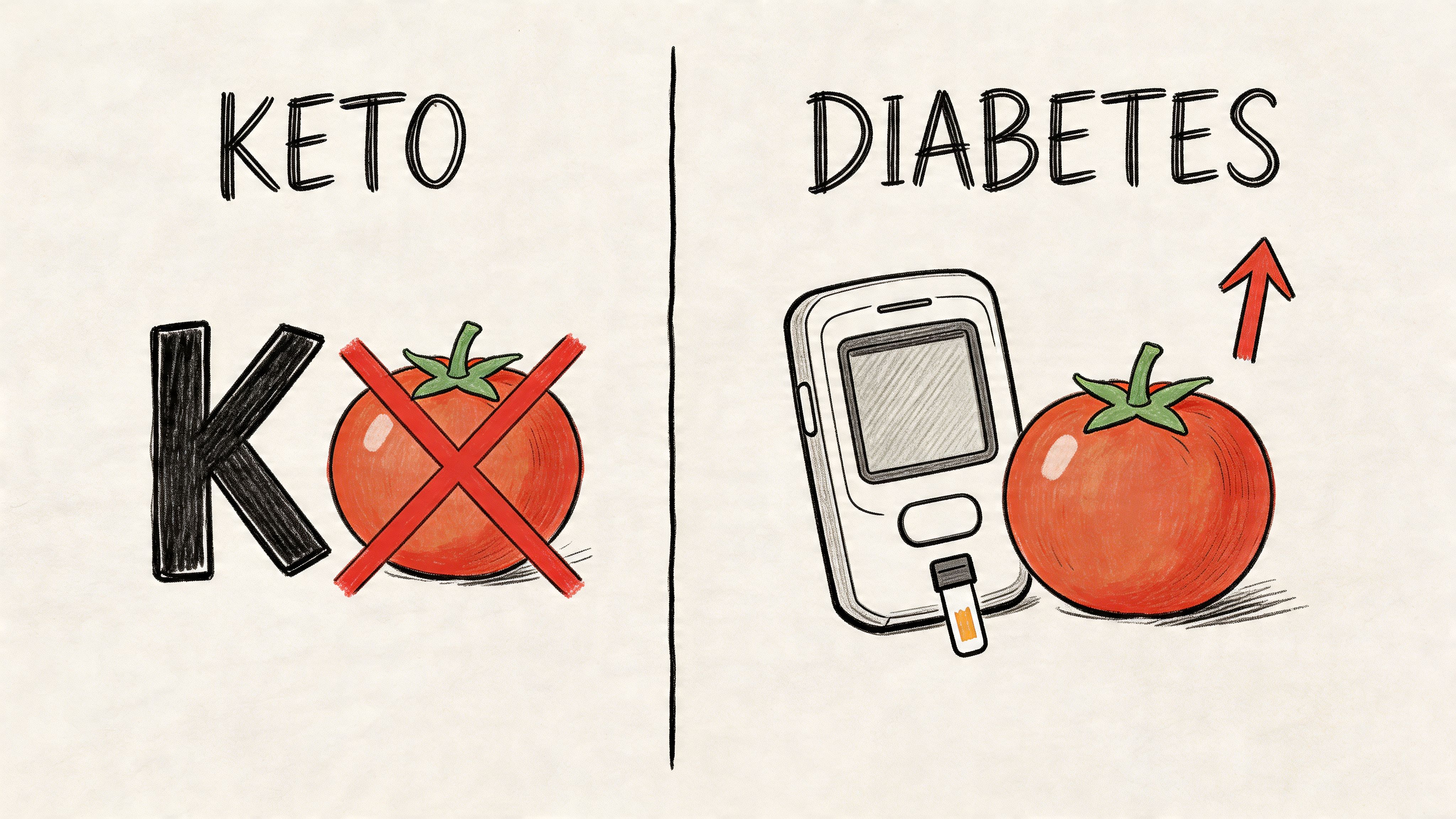 A split image contrasting keto diet limitations and diabetes blood glucose monitoring related to eating tomatoes.