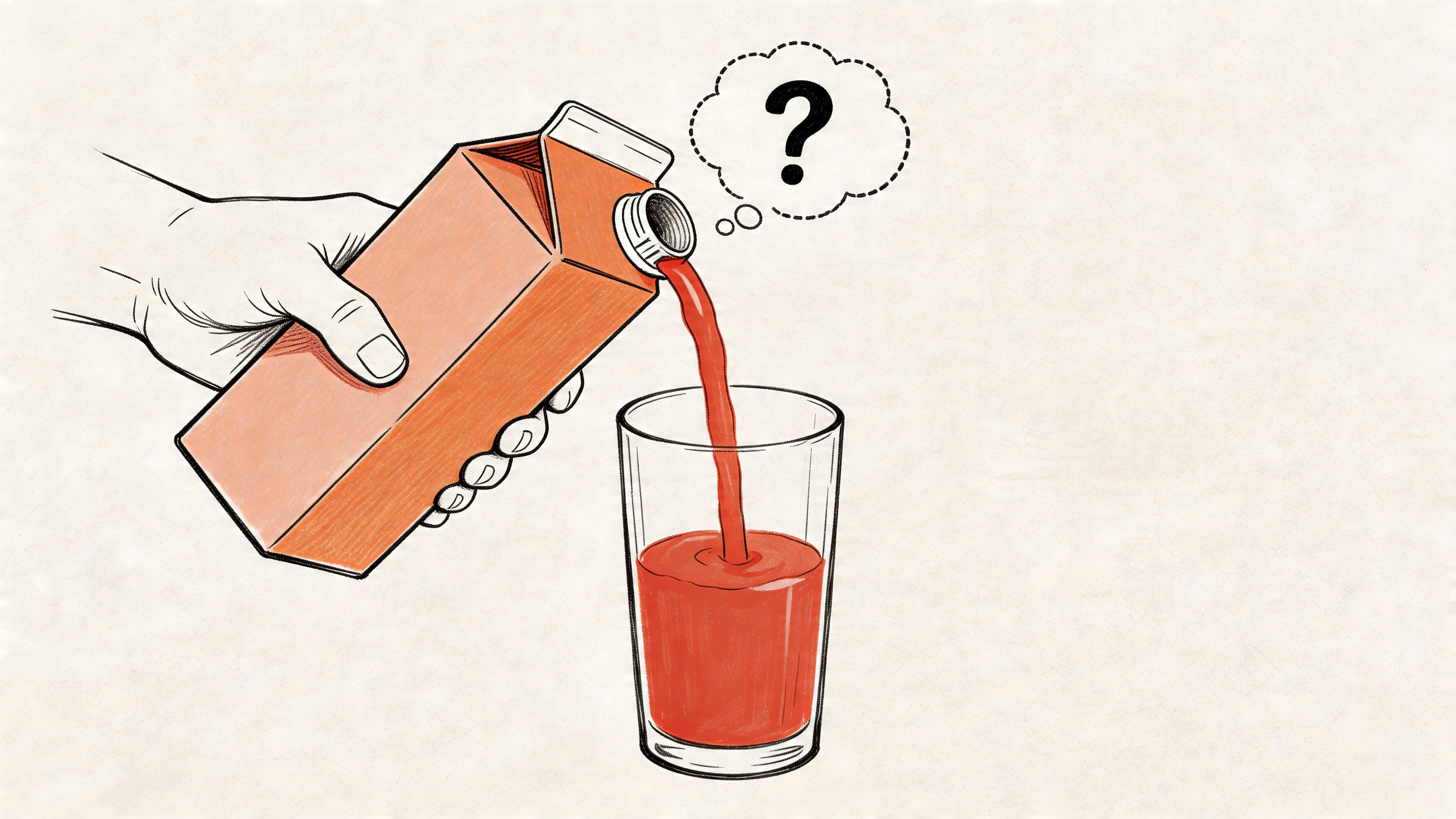 A hand pouring red liquid from a carton into a glass with a question mark bubble above.