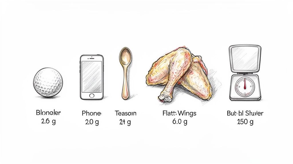 An illustration comparing the weights of a golf ball, phone, spoon, chicken wings, and a kitchen scale.