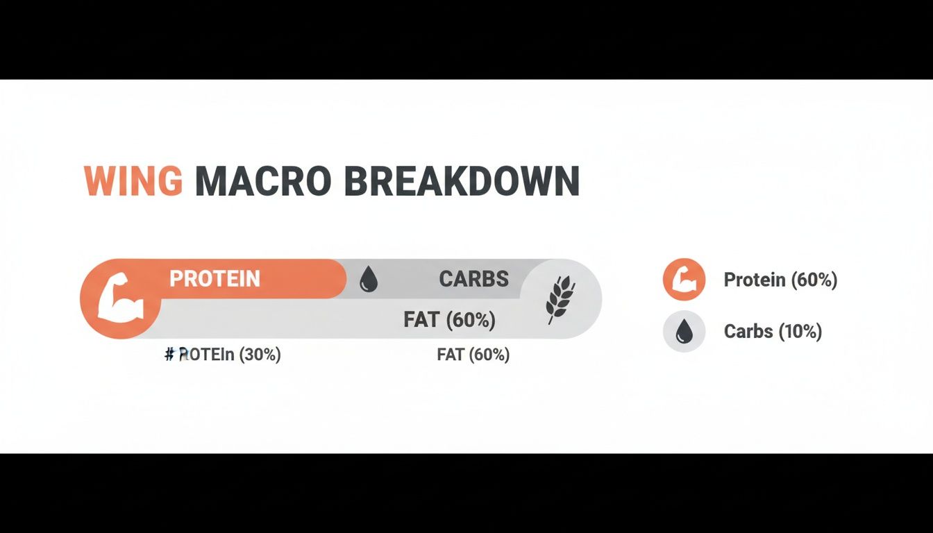 Infographic titled "WING MACRO BREAKDOWN" visually illustrating the percentages of protein, fat, and carbs.