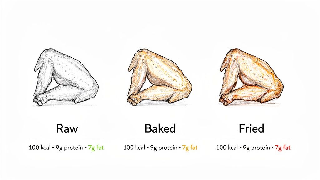 Comparison of raw, baked, and fried chicken wings, each showing 100 kcal, 9g protein, 7g fat.