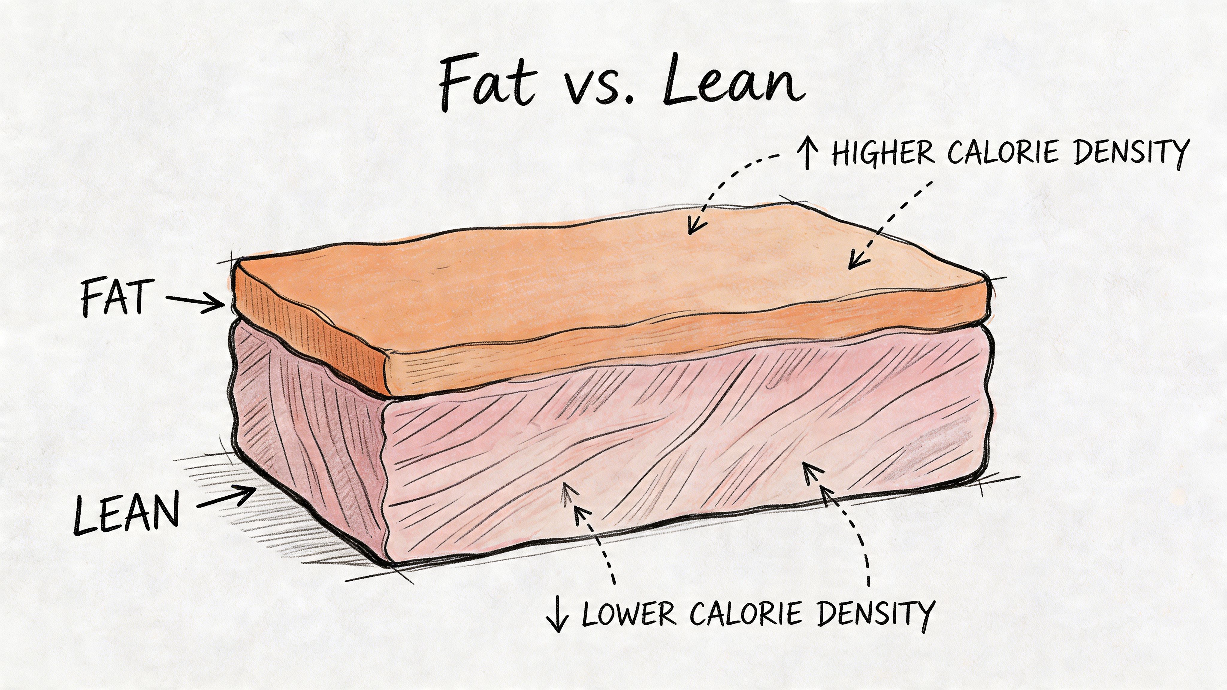 A diagram illustrating the calorie density comparison between a layer of fat and a piece of lean meat.