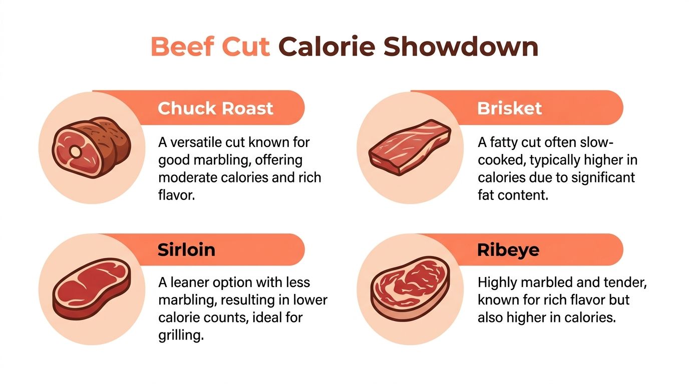 An infographic comparing different beef cuts, highlighting their marbling, flavor, and relative calorie content.