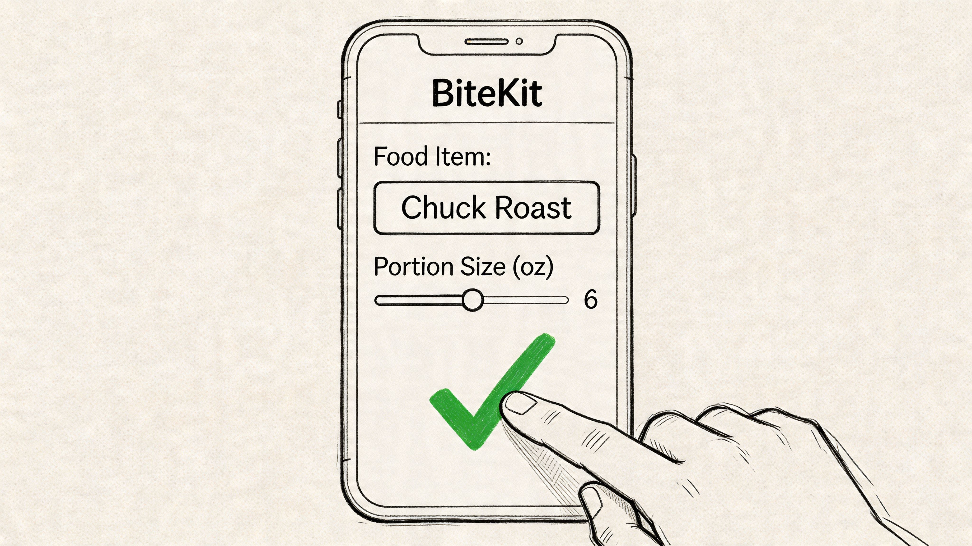 A hand tapping a checkmark on a mobile app called BiteKit for logging chuck roast portion size.