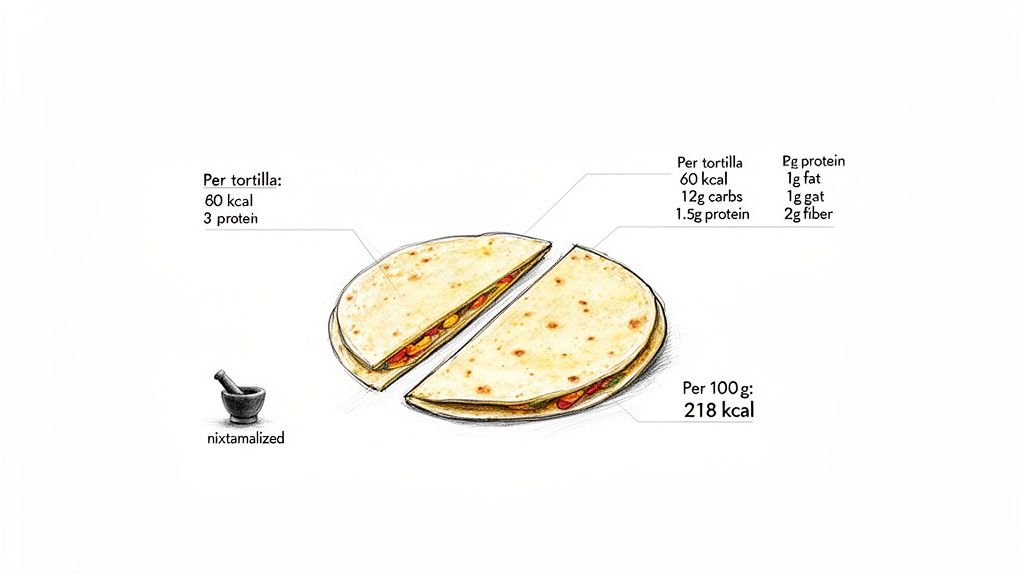 Detailed nutritional information for nixtamalized tortillas, including calories, protein, carbs, fat, and fiber per serving.
