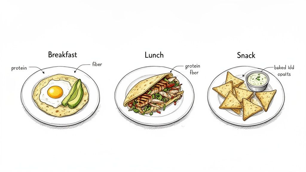 Healthy meal examples with corn tortillas: breakfast with egg, avocado; lunch wrap; snack with baked chips and dip.