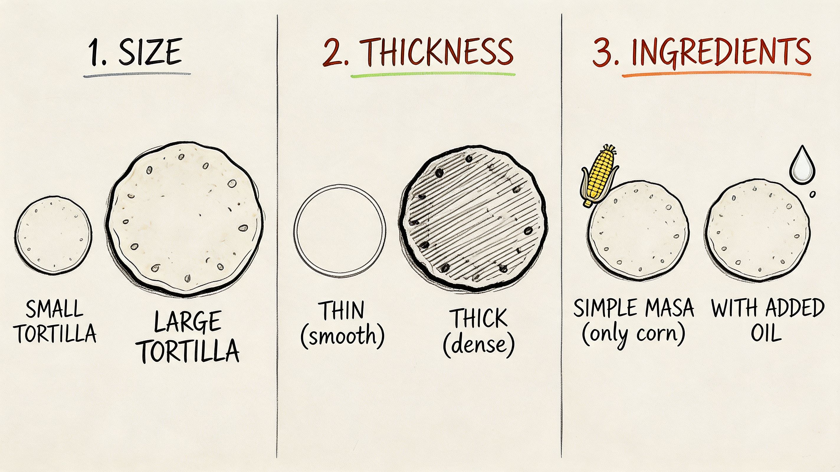 A visual guide illustrating the size, thickness, and ingredient variations of traditional corn tortillas.