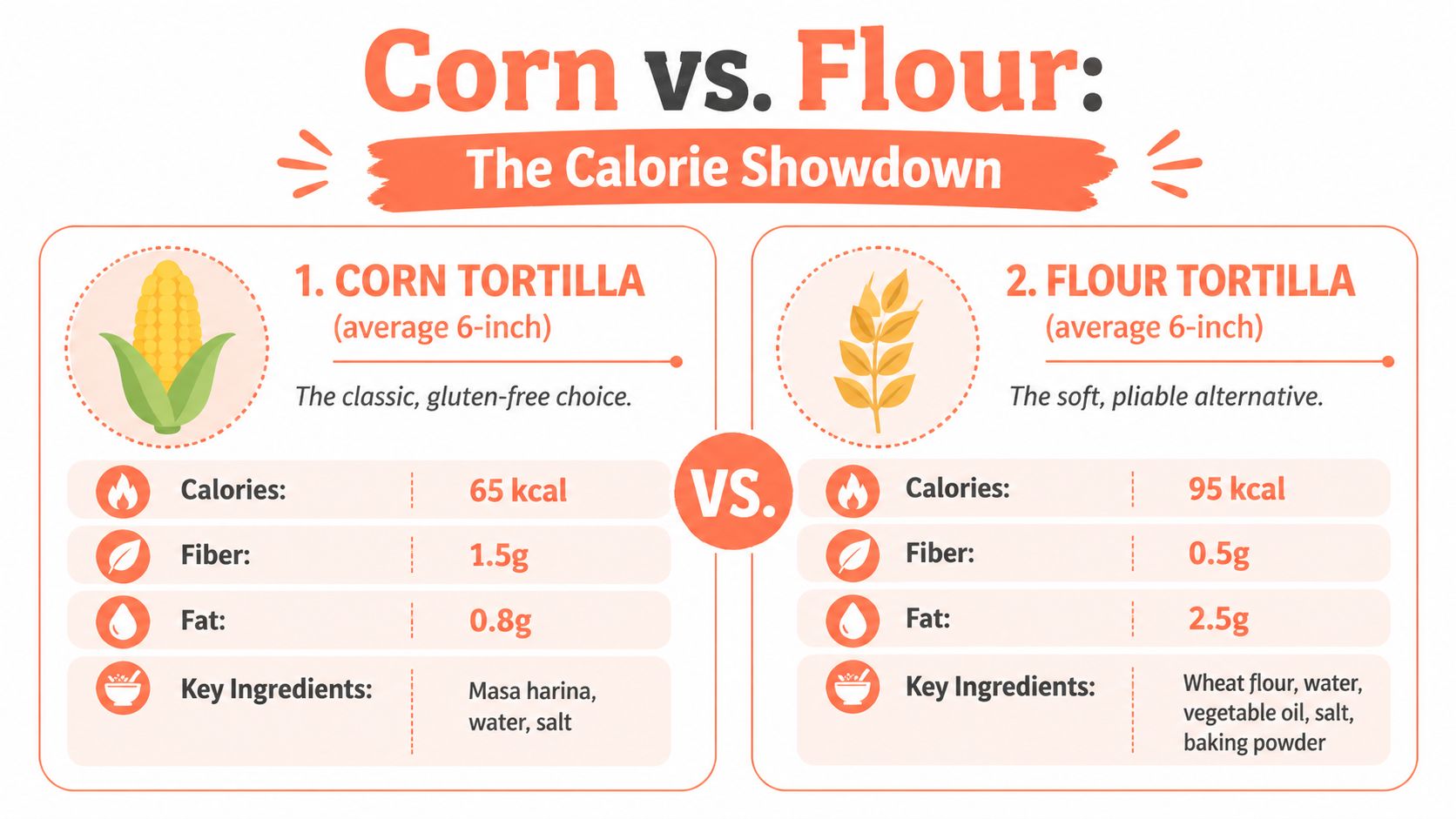 A comparison chart showing nutritional facts for 6-inch corn tortillas versus flour tortillas regarding calories, fiber, and fat.