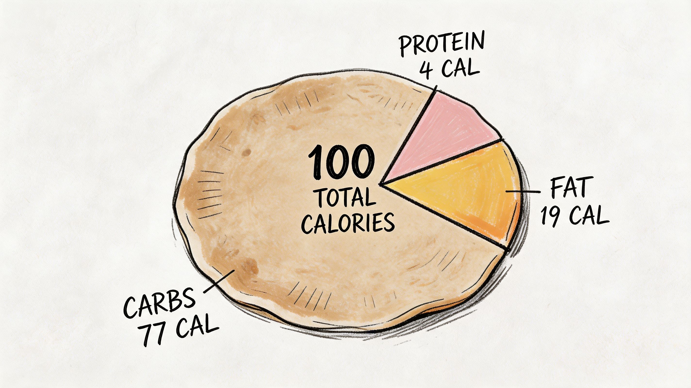 A hand-drawn tortilla illustration breaking down 100 total calories into carbohydrates, protein, and fat segments.