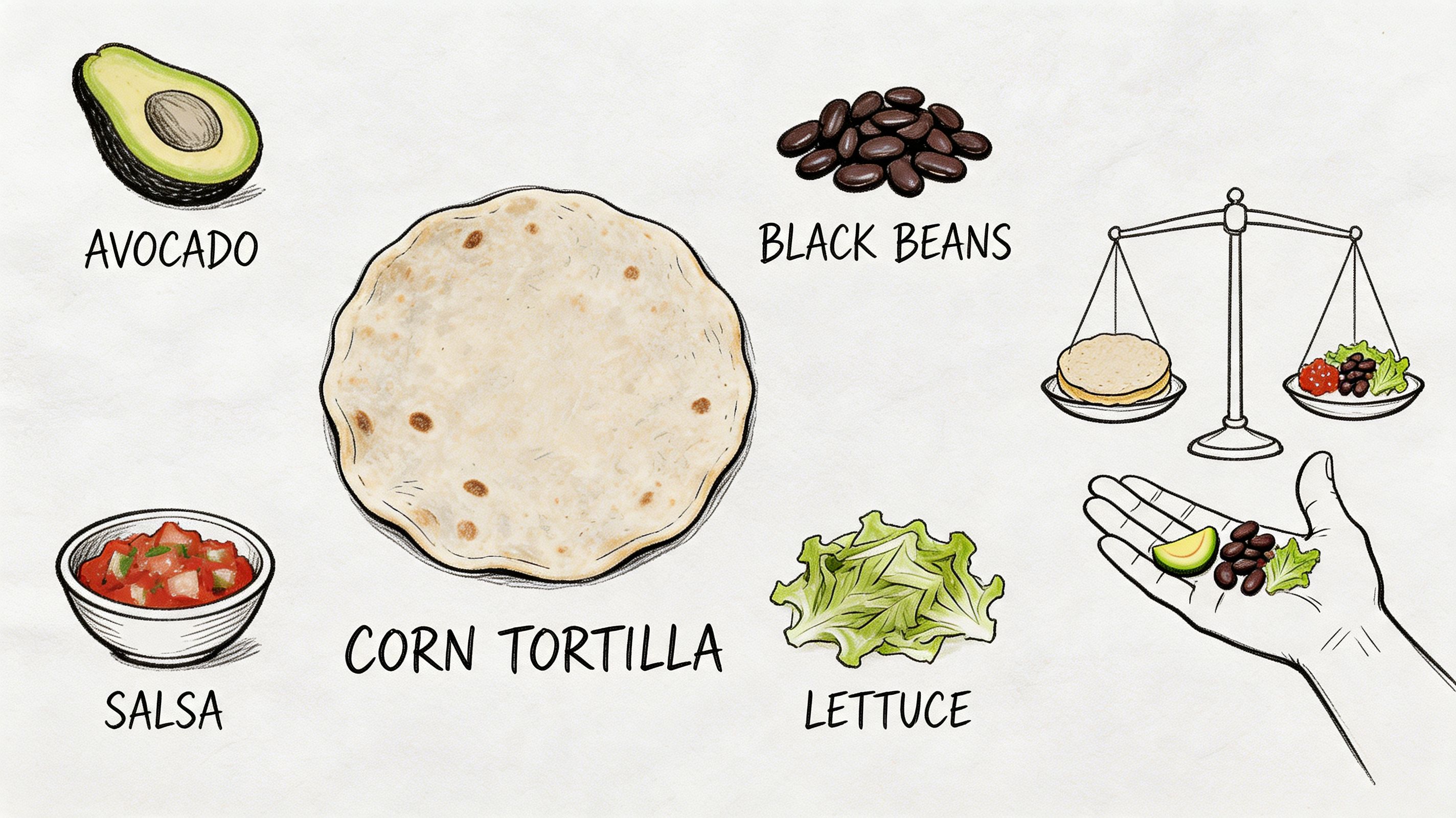 A hand-drawn illustration showing a corn tortilla, avocado, black beans, salsa, and lettuce ingredients.