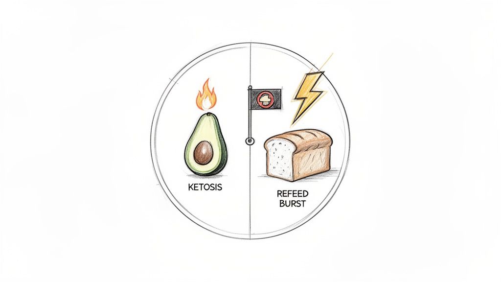 An illustration of a cyclical ketogenic diet, showing avocado for ketosis and bread for refeed burst.