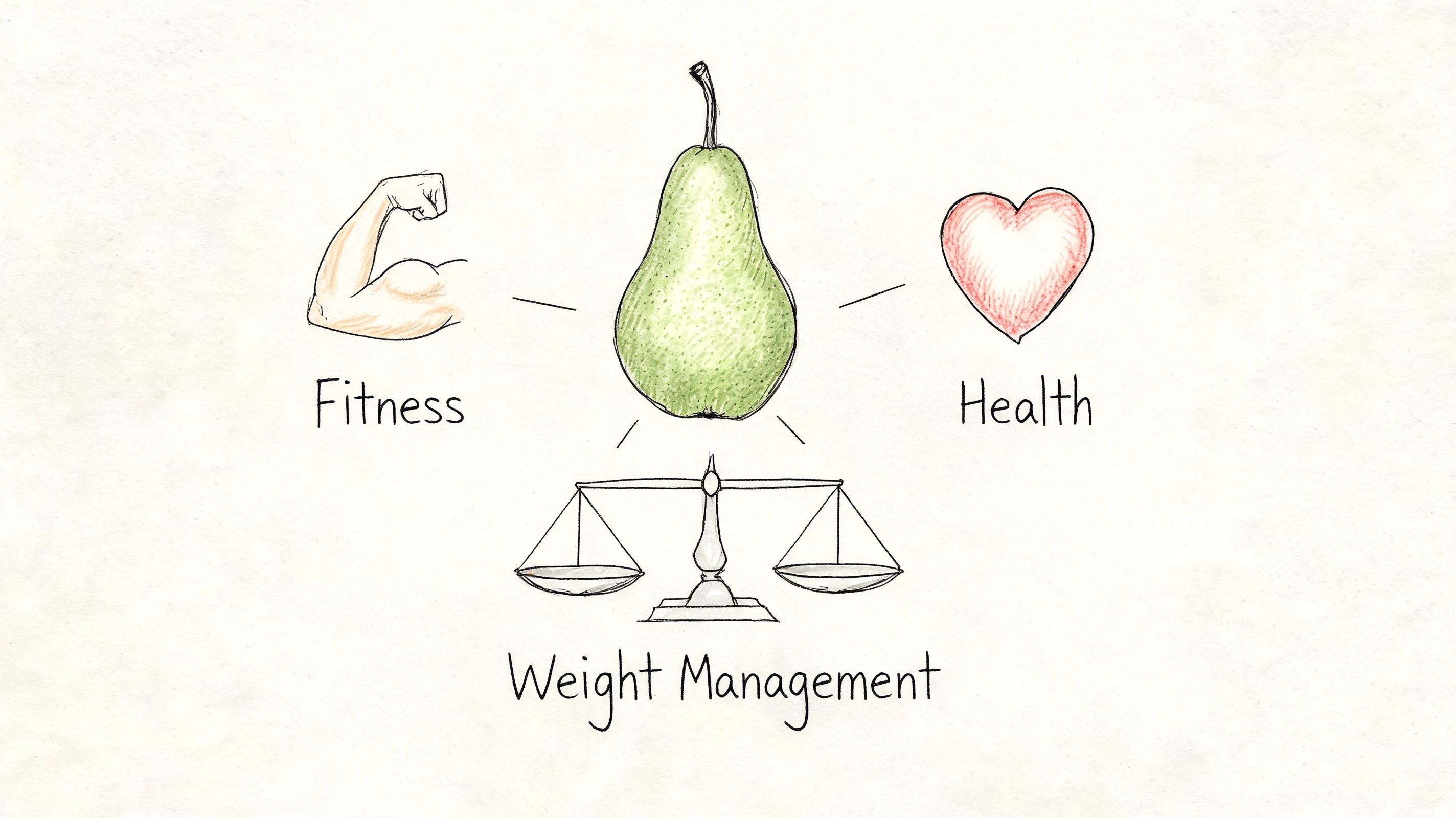 A hand-drawn illustration showing a pear connected to concepts of fitness, health, and weight management.