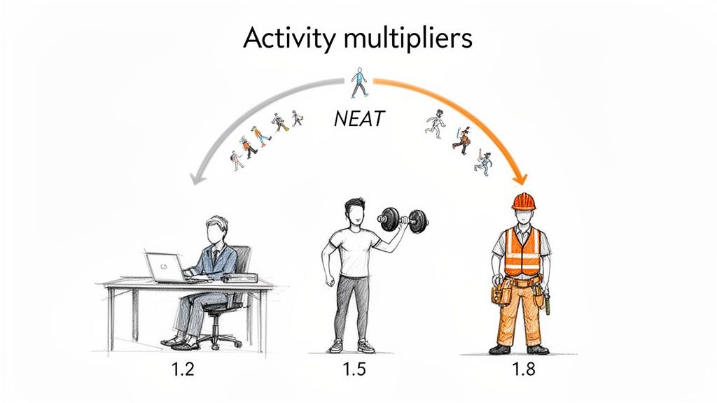 Illustration showing activity multipliers for different lifestyles: sedentary (1.2), moderately active (1.5), and very active (1.8).