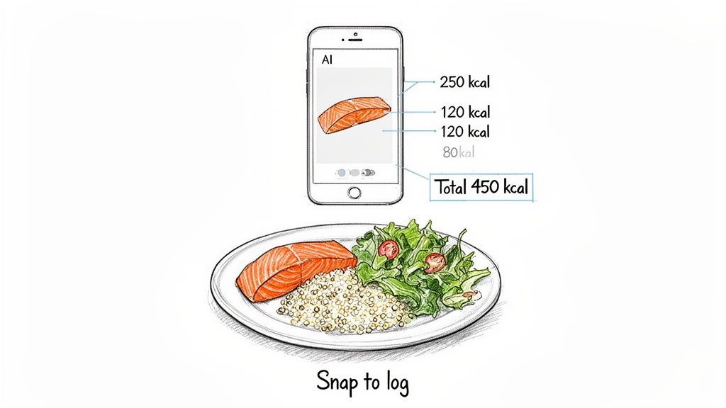 Smartphone app tracking calories for a healthy meal of salmon, quinoa, and green salad.