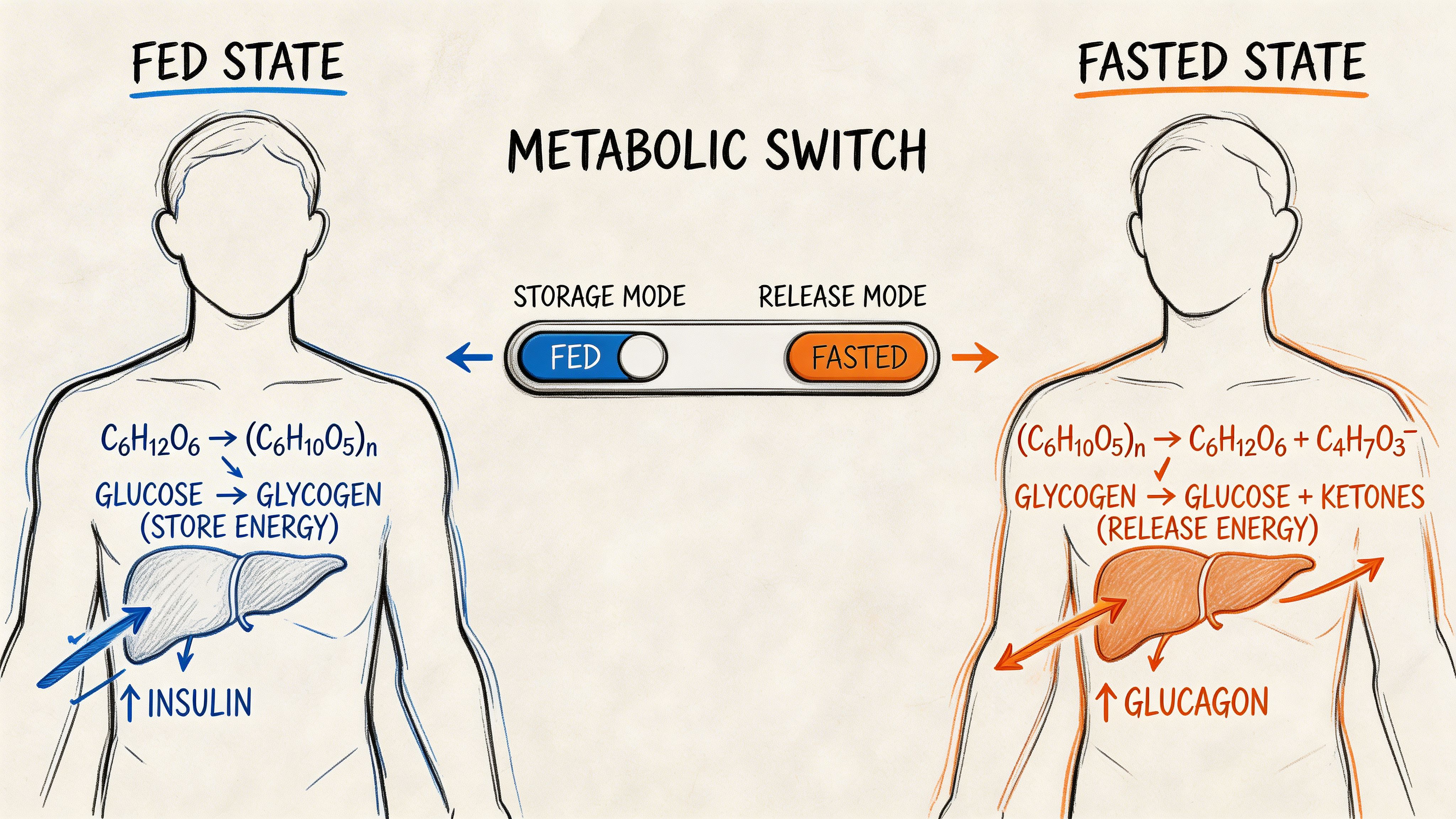 A diagram illustrating the metabolic switch between the fed state (storage) and the fasted state (release).