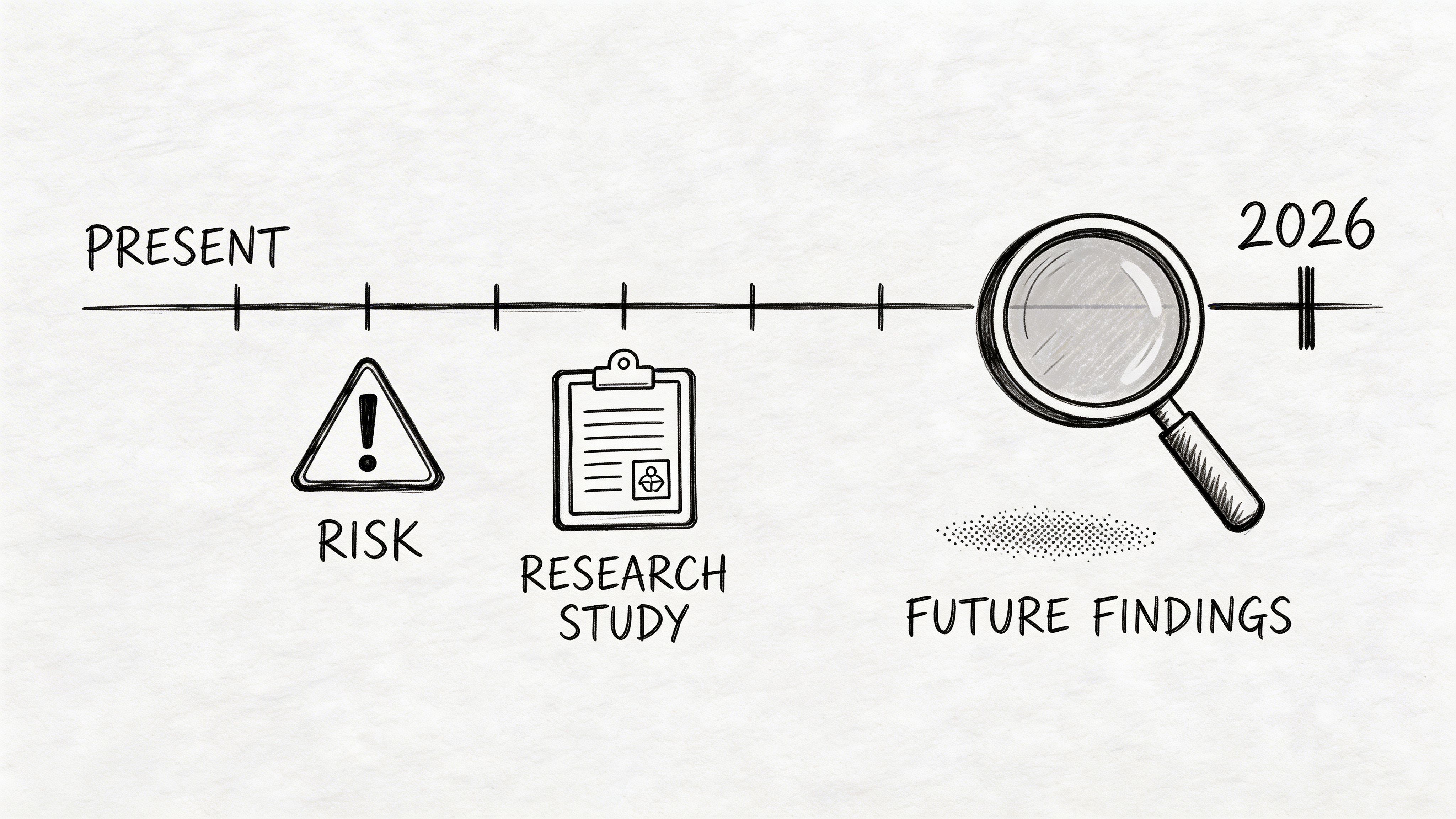 A sketched timeline illustration showing the progression from present risk and research study to future 2026 findings.