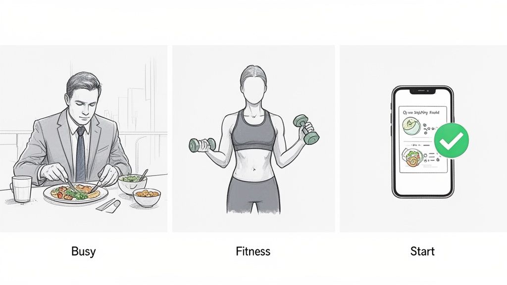 Illustration of a busy man eating, a woman working out, and a smartphone with a food tracking app.