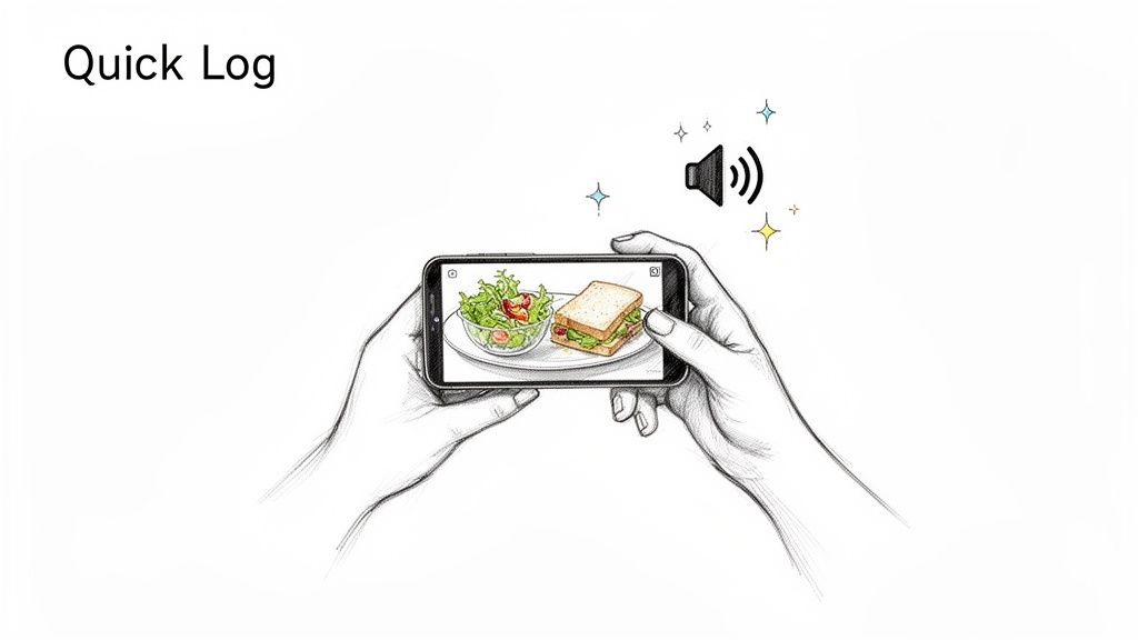 Hands hold a smartphone displaying a salad and sandwich, with a speaker icon indicating voice logging for quick food tracking.