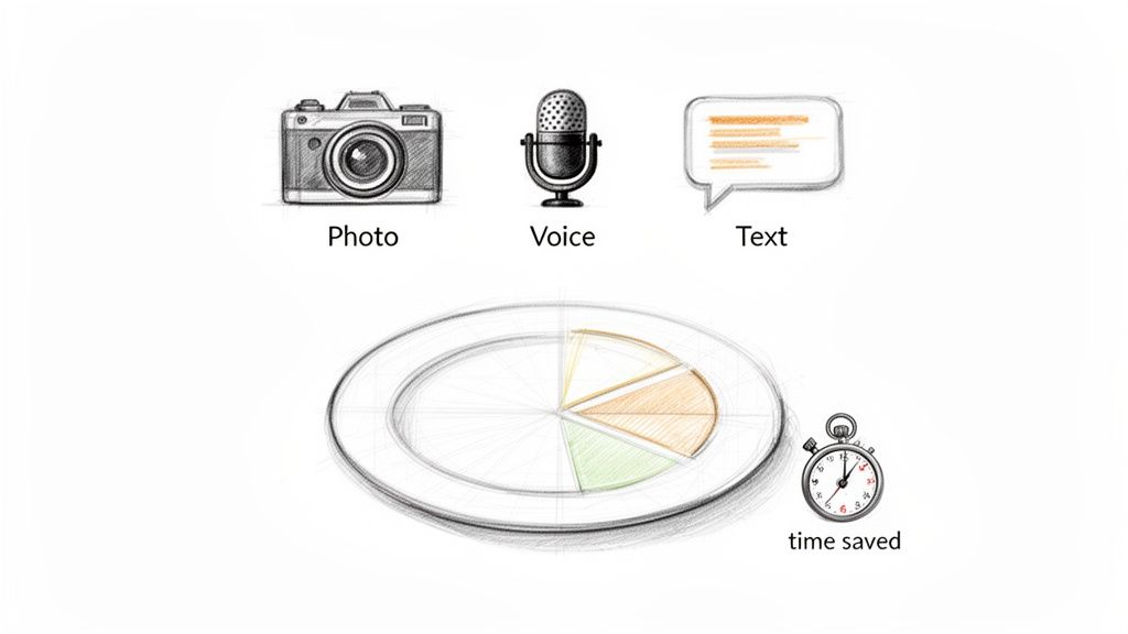 Photo, voice, and text input icons with a pie chart on a plate and a stopwatch for time saved.