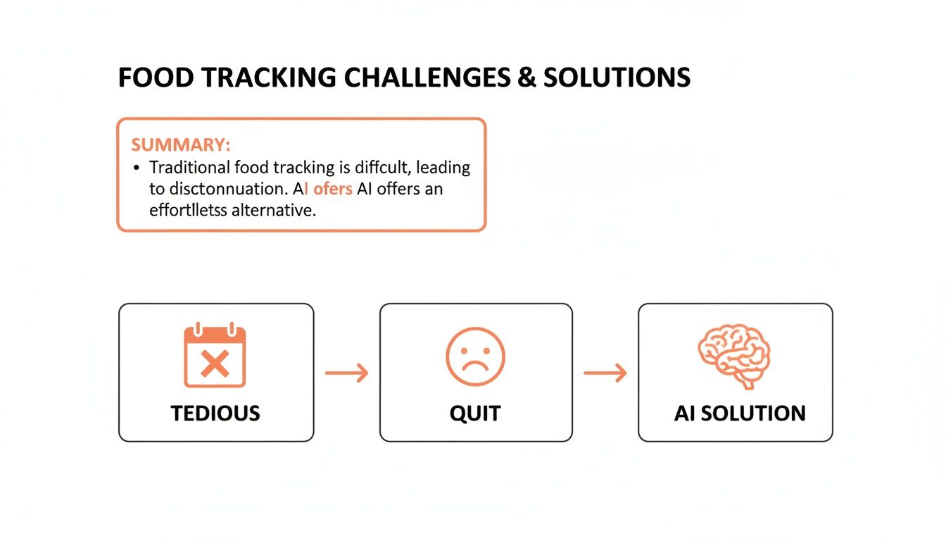 A diagram showing the challenges of traditional food tracking (tedious, leading to quitting) and how AI offers an effortless solution.