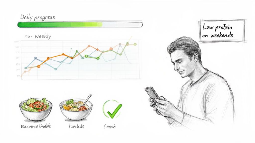 Man tracking daily progress, weekly charts, and meal plans on his smartphone for a healthy lifestyle.