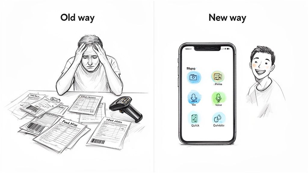 Old way: stressed man with paper receipts and a barcode scanner. New way: happy man using a smartphone tracking app.