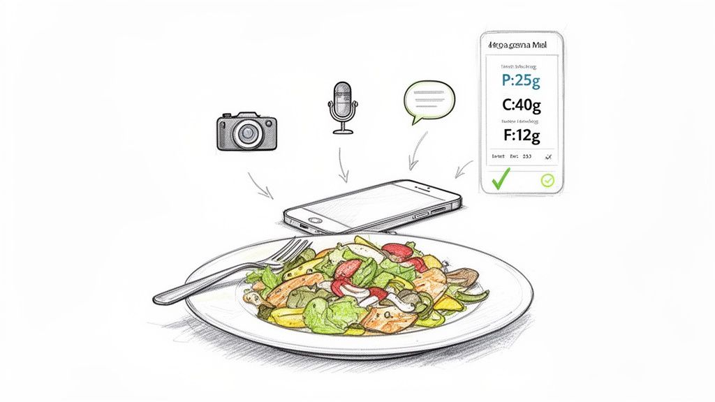 A smartphone app uses camera, voice, and text input to track meal nutrition, displaying protein, carbs, and fat.