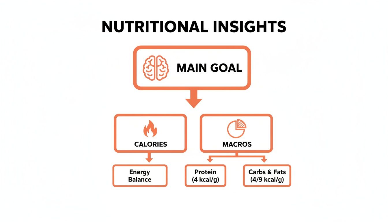 A nutritional insights flowchart showing the main goal breaking down into calories for energy balance and macros for protein, carbs & fats.