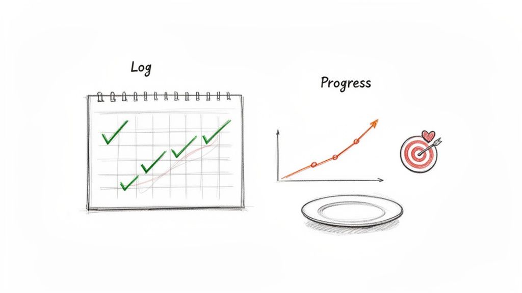 Illustration showing a log of completed tasks with checkmarks, a progress graph, a target goal, and an empty plate.