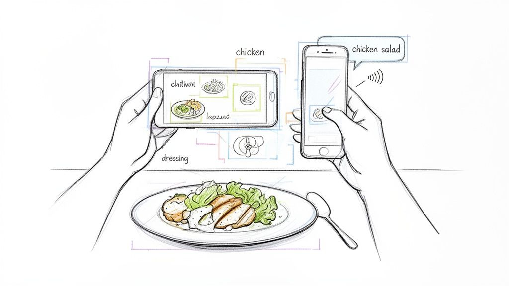 Hands hold smartphones over a chicken salad, displaying augmented reality food information and identifying the dish.