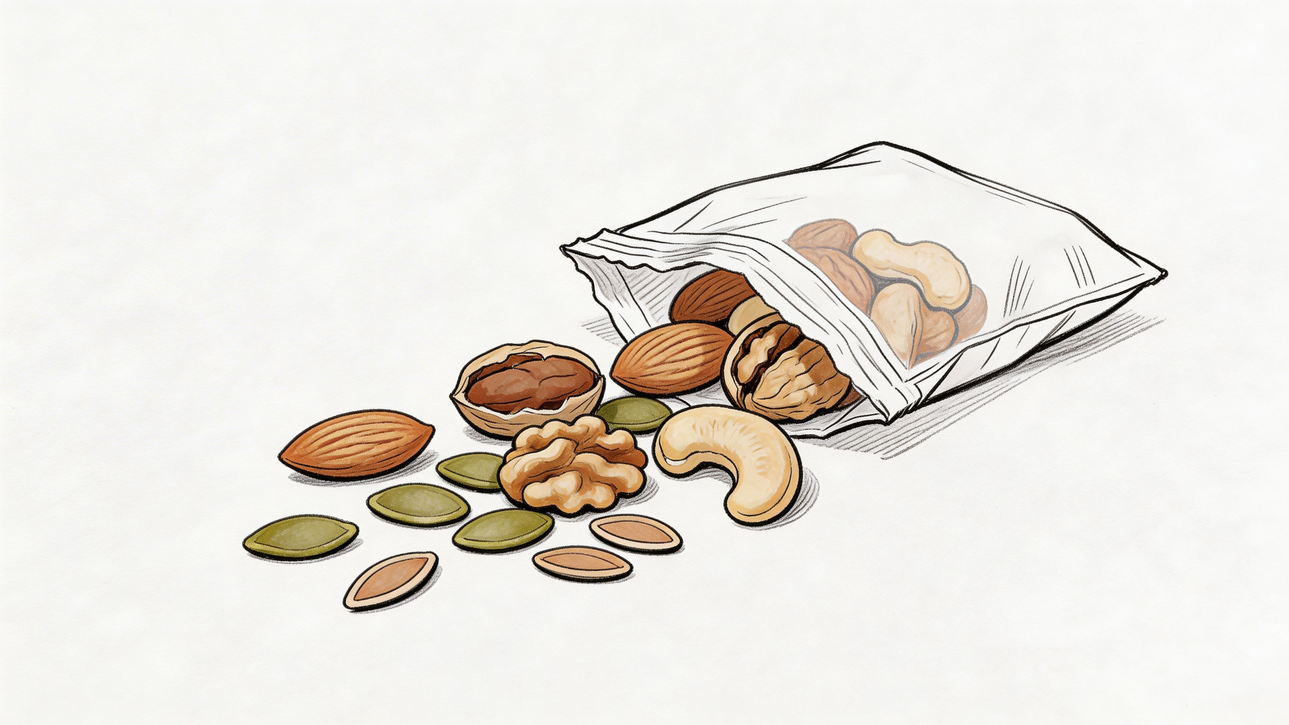 A hand-drawn illustration of a bag of mixed nuts and seeds spilled onto a surface.
