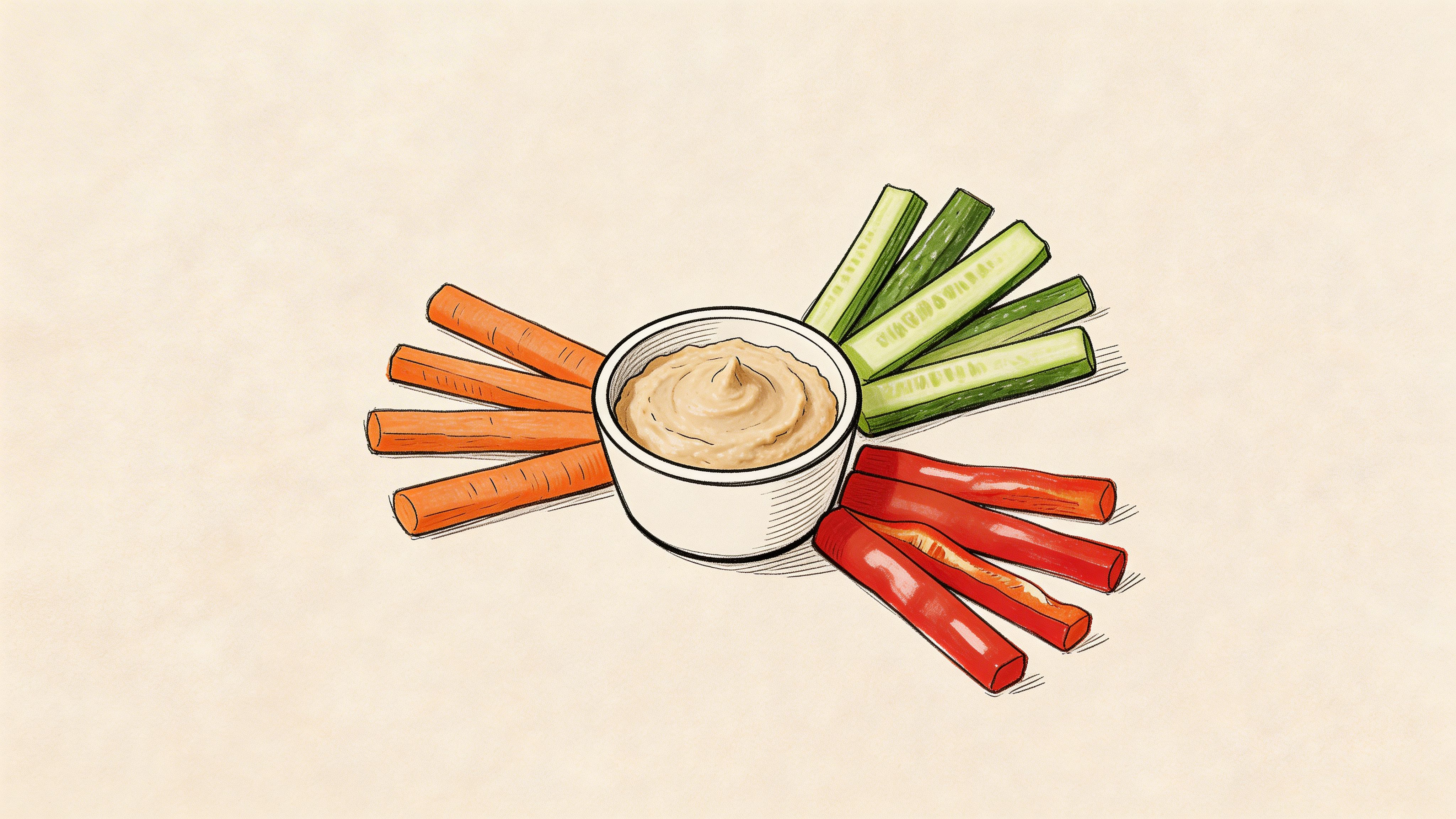 A small bowl of hummus served with fresh carrot, cucumber, and red pepper vegetable sticks for snacking.