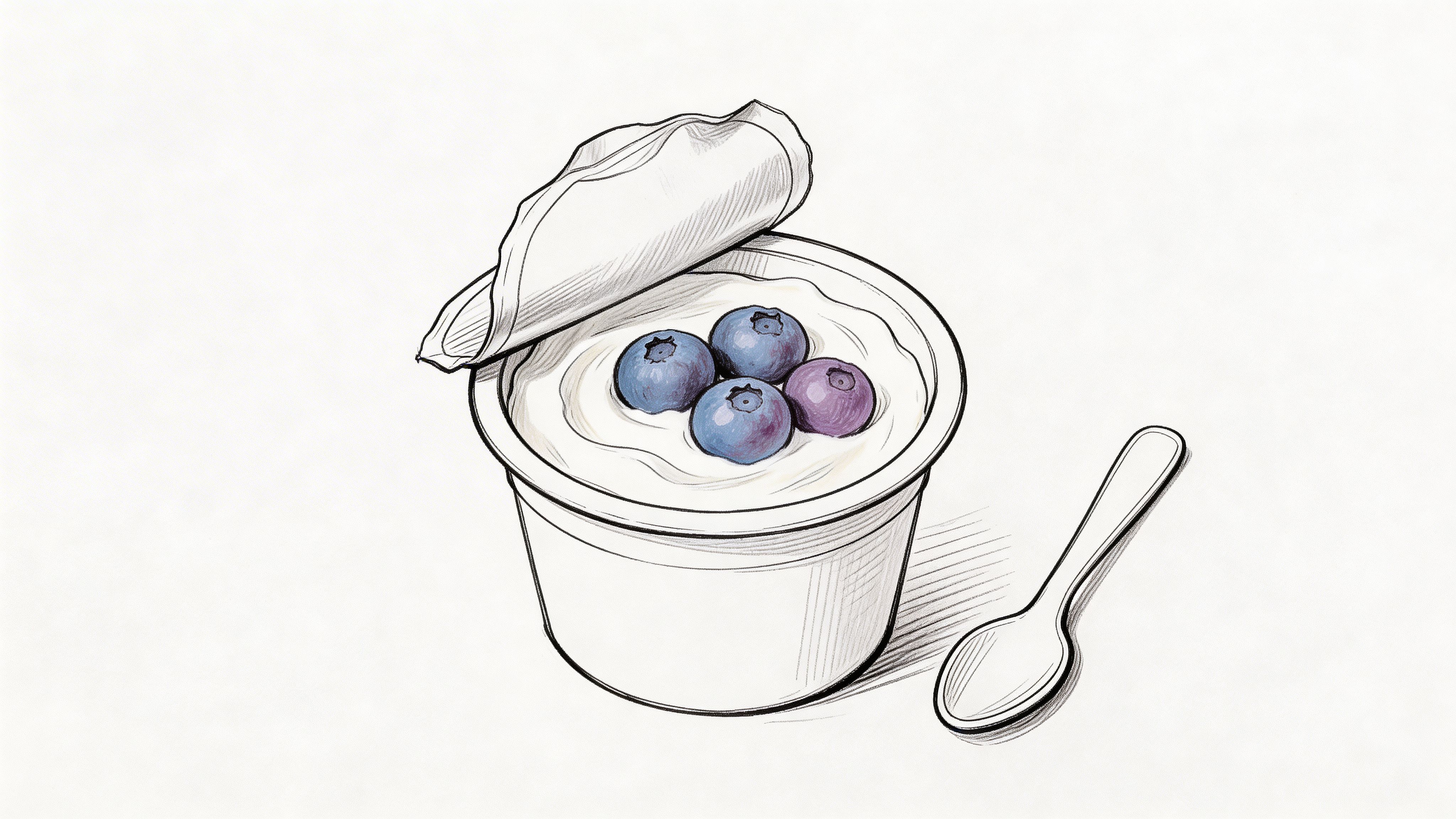 A hand-drawn illustration of a cup of yogurt topped with fresh blueberries served with a spoon.