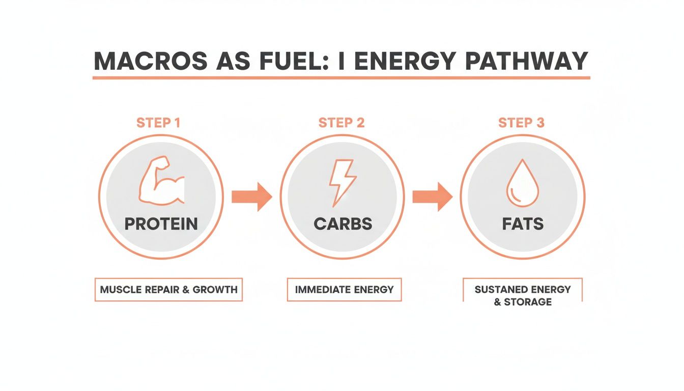An infographic illustrating the energy pathway of macronutrients: Protein for muscle repair, Carbs for immediate energy, and Fats for sustained energy.