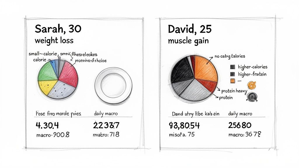 Two hand-drawn pie charts show macro breakdowns for Sarah's weight loss and David's muscle gain.