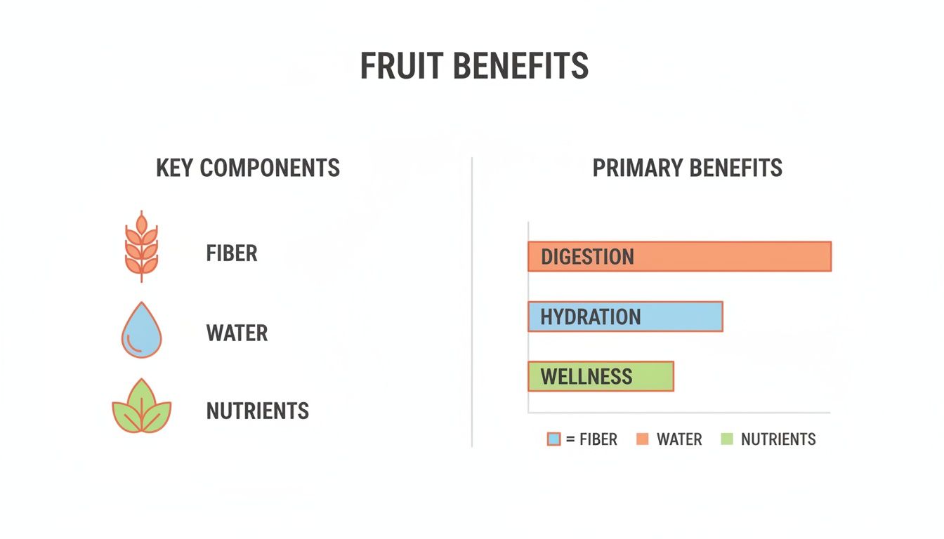 Infographic illustrating fruit benefits, showing key components like fiber, water, and nutrients, and primary benefits like digestion, hydration, and wellness.