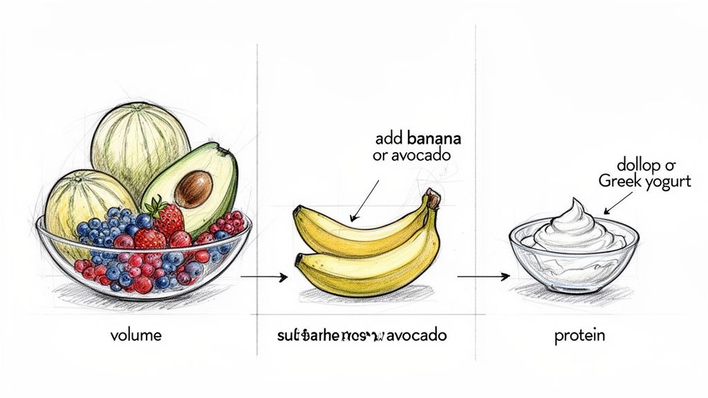 Illustration showing a three-step process to combine fruits, banana, avocado, and Greek yogurt for a healthy meal.