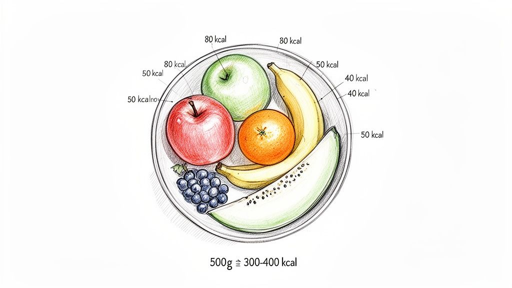 A plate of various fruits with calorie counts, including apples, orange, banana, grapes, and melon.