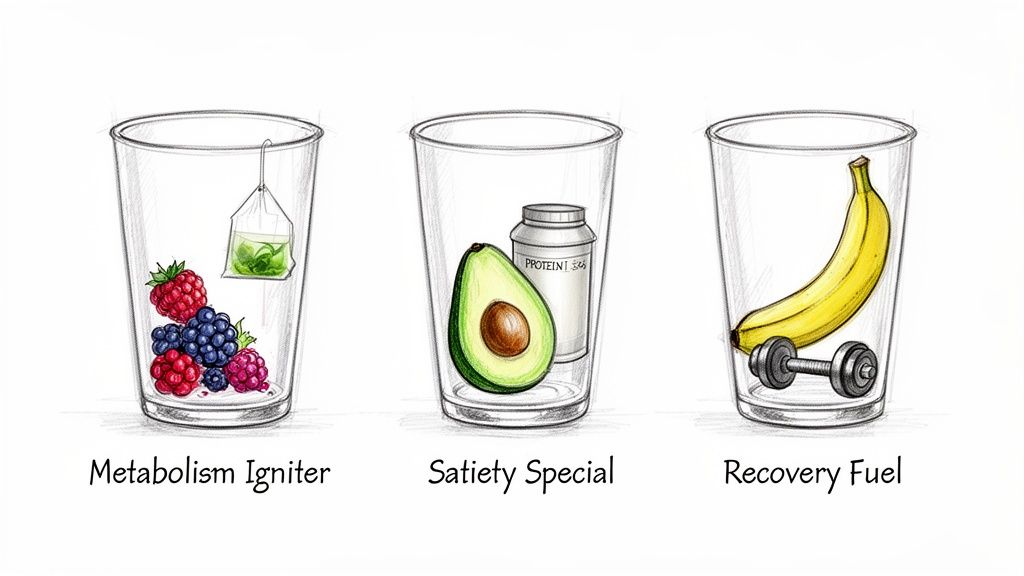 Three glasses with ingredients for healthy drinks: berries, tea, avocado, protein, banana, and a dumbbell.