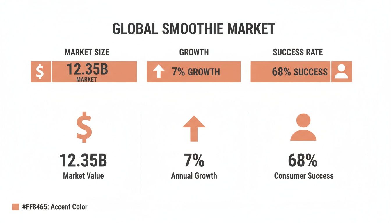 Global smoothie market statistics showing market size of $12.35 billion, 7% growth, and 68% success rate.