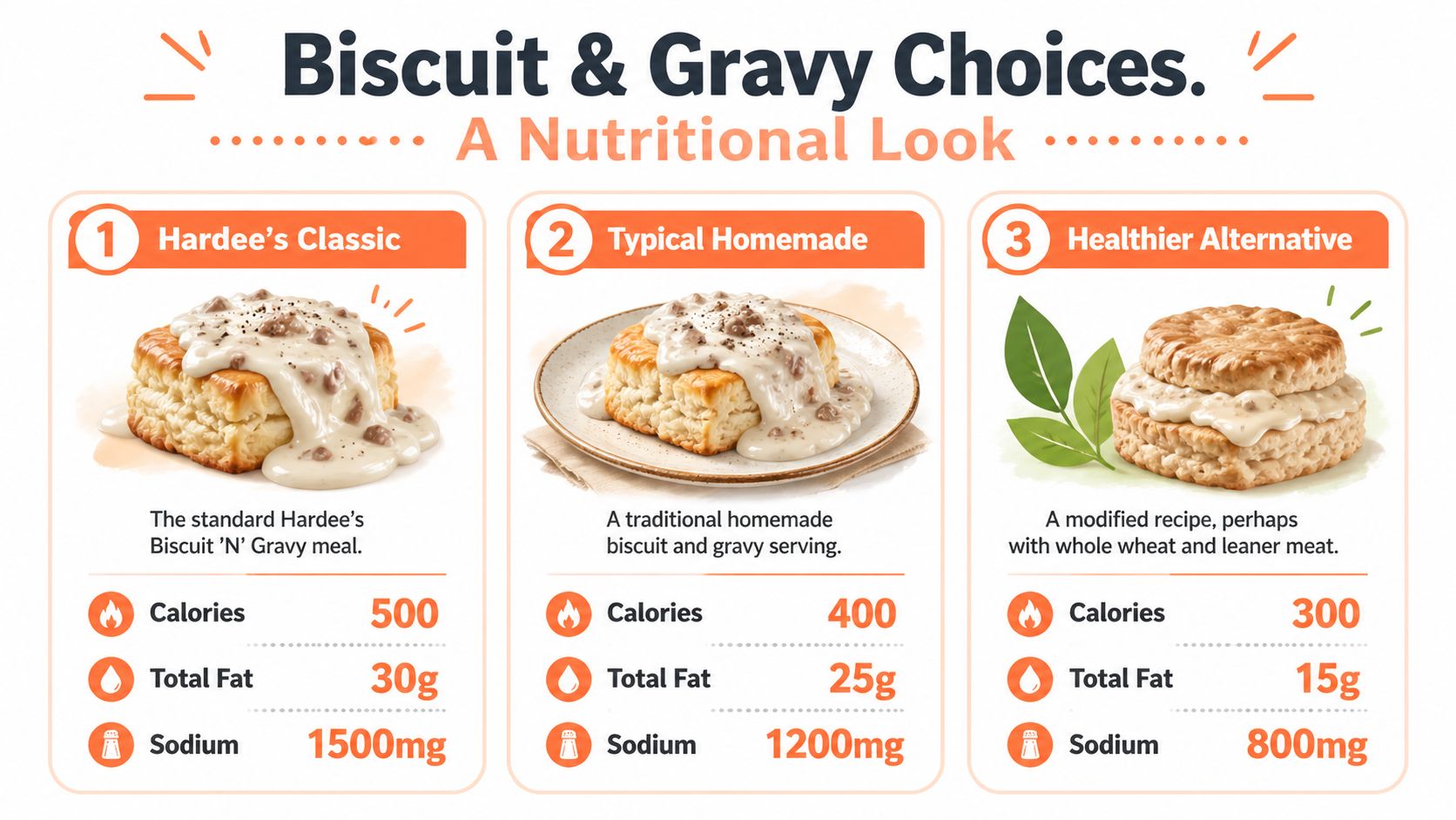 A nutritional comparison infographic of Hardee's classic, typical homemade, and healthier alternative biscuit and gravy meals.