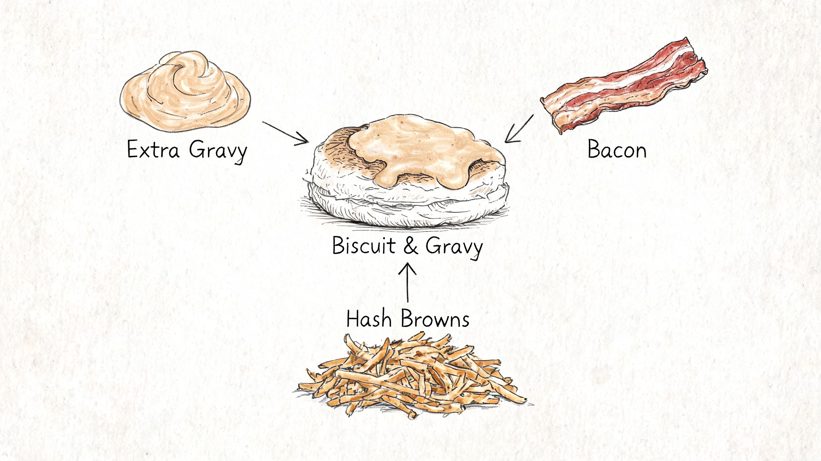 A hand-drawn illustration showing a biscuit and gravy topped with bacon, hash browns, and extra gravy.