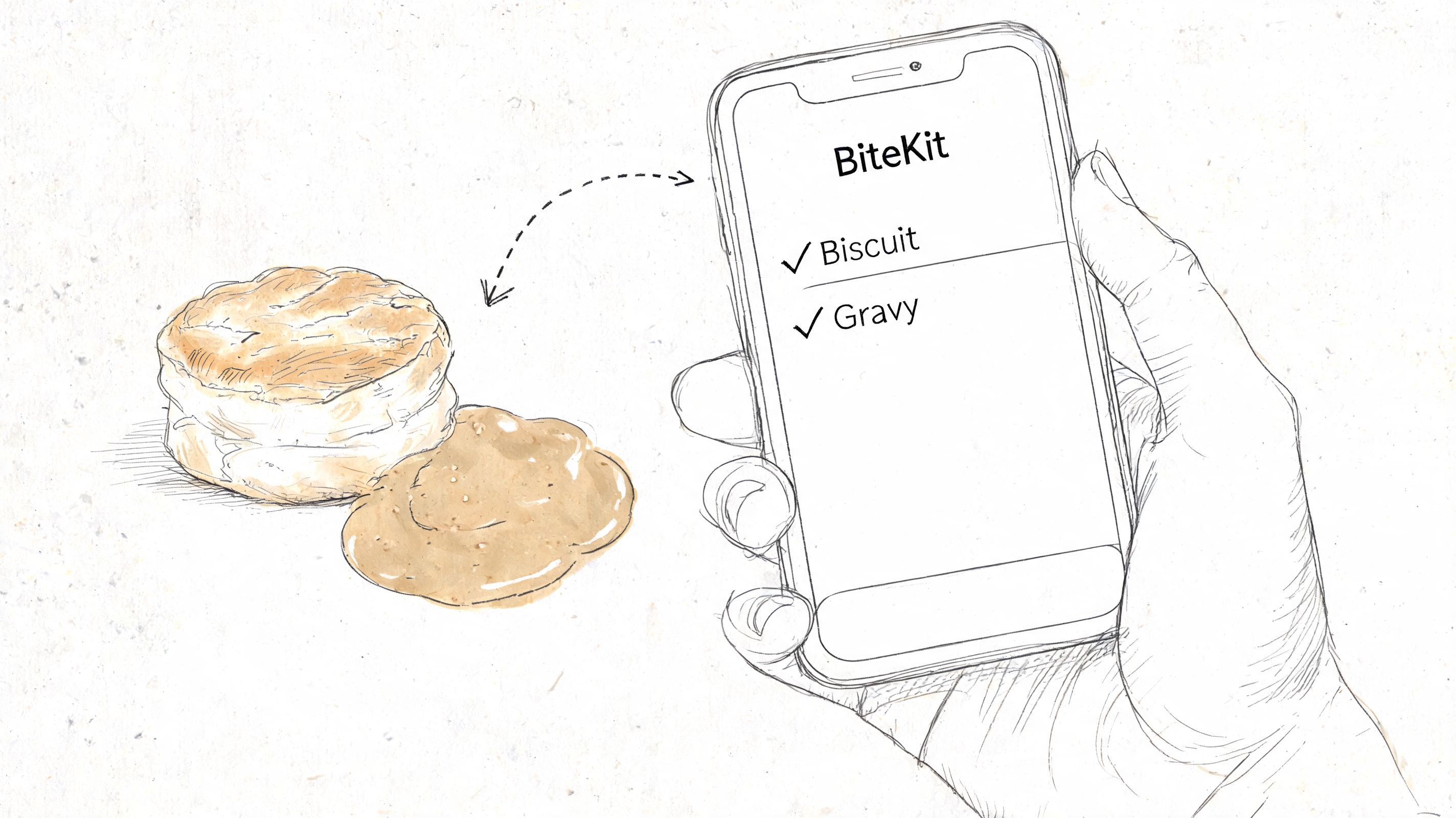 A hand holding a smartphone displaying a BiteKit app list showing biscuit and gravy checklist items.
