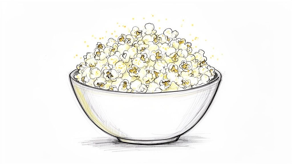 A hand-drawn illustration of a white bowl overflowing with fluffy, buttered popcorn, against a white background.